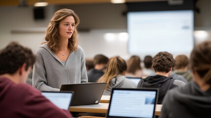 Obraz premium Vibrant university lecture hall buzzing with students learning about databases, highlighting the relevance of data management in contemporary education. Bright, inviting space with engaged