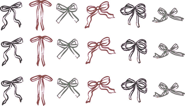 Crayon bows set. Coquette style ribbons and bows striped and plaid, aesthetic vintage elegant cliparts. Hand drawn pencil art decor, bowknots for girly, birthday, gift, wedding. Vector illustration
