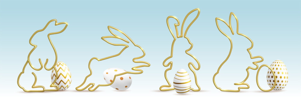 Set of 3d metallic golden rabbit silhouettes and colorful Easter eggs on blue background.  Vector illustration