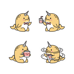 Narwhal Unicorn Character Set Drinking Coffee and Cocktail in Flat Design Style © Adnan