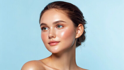 Fototapeta premium Young woman with clear skin poses against a light blue background while showing a soft expression and looking to the side in a studio setting