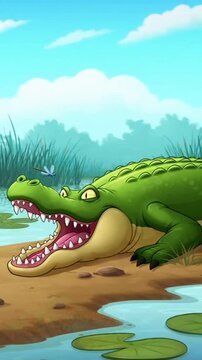 Cartoon crocodile attacking on riverbank with lily pads and trees under sunny sky