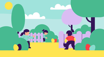 Obraz premium Children Easter Egg Hunt in a vibrant garden scene with trees and a white picket fence under a bright blue sky