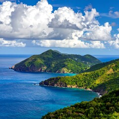 Obraz premium A serene tropical island with lush green mountains and clear blue waters