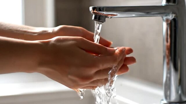 Person washing hands under running water from a faucet in a bathroom setting