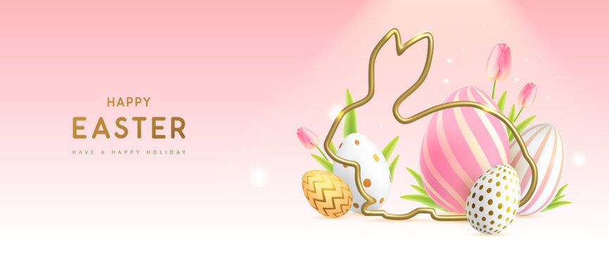Happy Easter background with colorful easter eggs, golden rabbit silhouette and tulips. Holiday greeting card or poster. Vector illustration