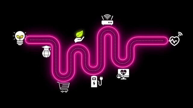 Neon pink pathway with representing innovation and technology concepts like education, shopping, energy, healthcare, and wireless connectivity on a black background