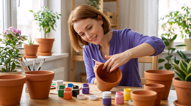 Happy woman painting a terracotta flower pot at home. Creative female hobbyist decorating a planter for gardening
