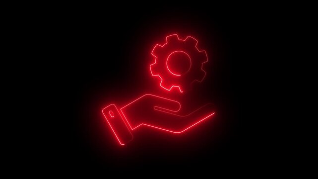 Glowing neon red settings icon animation with hand holding gear symbol on black background, Alpha channel, black background.