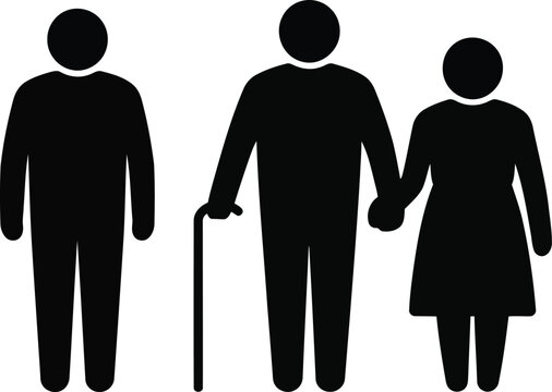 Three black silhouette people icons showing one younger man and an elderly couple with a walking cane
