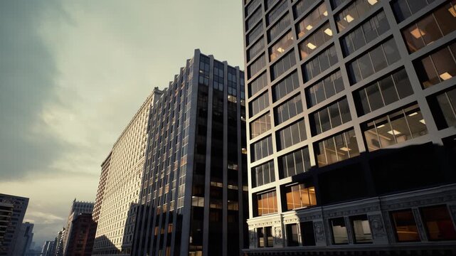 sunrise modern highrise with shimmering reflections and crisp grid facade, warm morning light revealing window patterns and steel cladding uplifting urban