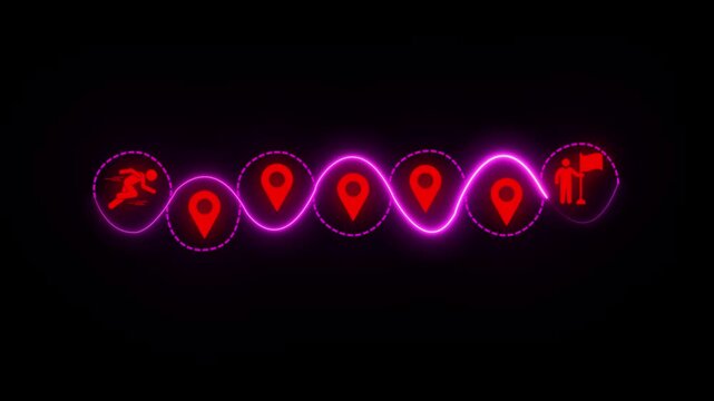 Neon route navigation map pin with running person symbol indicating journey or delivery on black background for travel logistics and transportation concepts