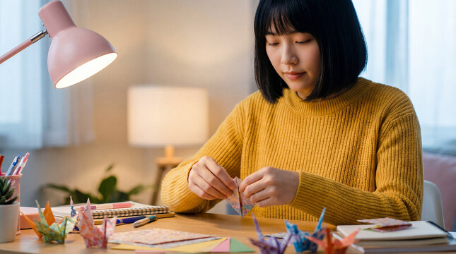 Young Asian woman folding colorful origami paper at home desk. Creative hobby and paper craft concept