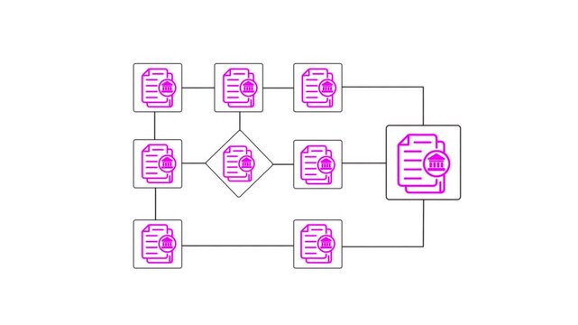 Flowchart illustrating document workflow with government building connected by lines on white background for business process education and technology concepts