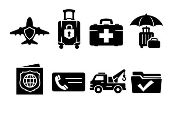 Travel insurance protection icons set featuring luggage, medical, and roadside assistance