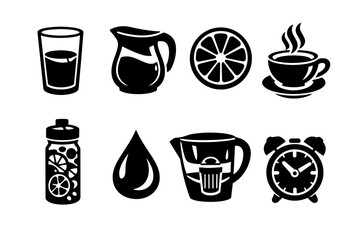 Staying hydrated and healthy, icons for water, drinks, lemon and morning routine