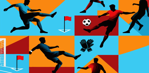 International Football Tournament Action - World Cup Soccer Player Silhouettes and Match Elements. his high-fidelity asset is perfect for World Cup editorial headers, tournament promotional banners © Pola_Creative