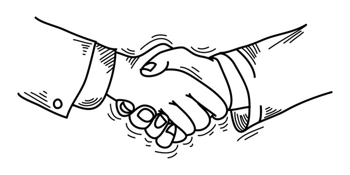 Hand drawn sketch illustration of a handshake. Shaking hands business on comic style. isolated on white background. doodle vector illustration