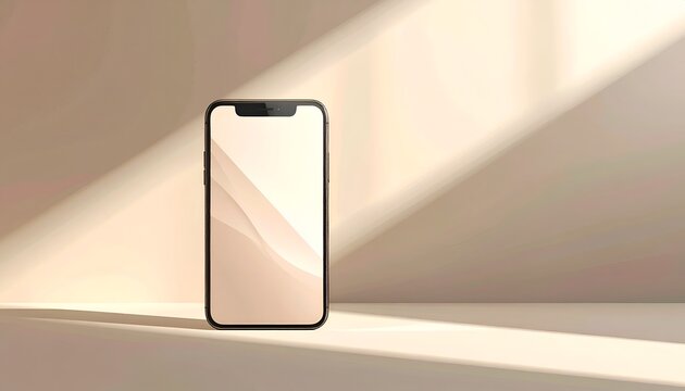 Realistic phone mockup stands against a beige background, bathed in soft, angled light