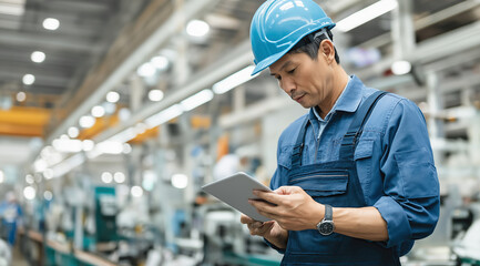 Focused industrial worker wearing safety hardhat reviews digital tablet in modern manufacturing facility, conducting professional inspection amid production equipment.