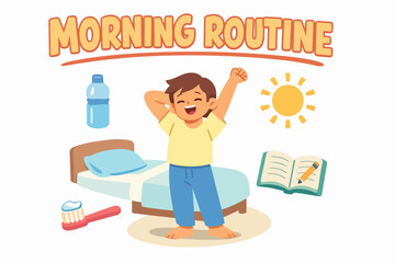 Boy waking up happy with daily morning routine habits including toothbrushing
