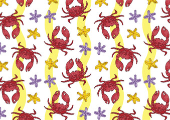 Obraz premium Seamless pattern of sea animals. Marine inhabitants crabs and starfish. Beach waves. Colorful pattern for fabric and paper, textile, invitations, cards. Vector illustration. Hand-drawn ornaments.
