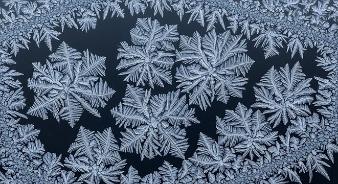 Frost patterns resembling snowflakes on a dark surface