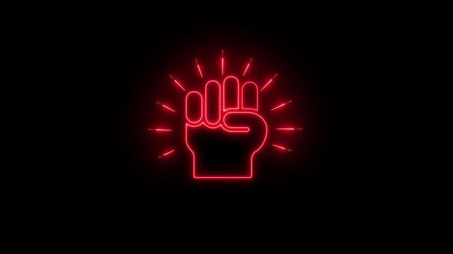 Neon red hand gesture warning sign stop hand symbol with glowing lines on black background refusal rejection signal caution alert