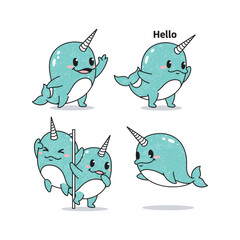 Cartoon narwhals showing different emotions and actions on white background © Nasima