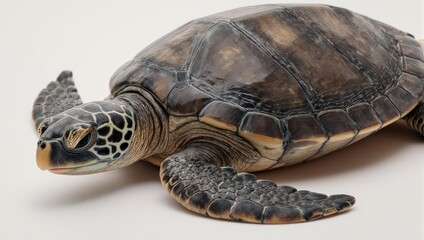 Majestic Green Sea Turtle Resting on a White Surface.