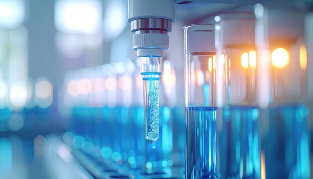 A professional camera shot of a FlyPro Firefly HPLC column with mobile phase solvent flowing, brightly lit in an analytical laboratory instrument setting.
