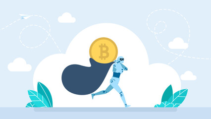 Obraz premium Robotic thief running fast and stealing golden bitcoin coin on blue cloud background. Concept of cyber crime, cryptocurrency fraud and artificial intelligence hacker attack. Vector illustration.