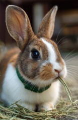 Obraz premium Pet rabbit chewing hay with green collar close up