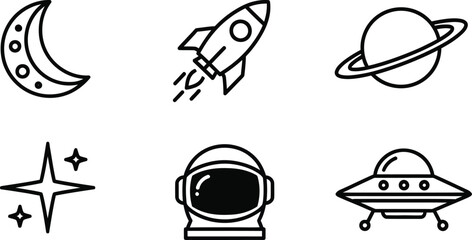 Set of space and astronomy icons including moon rocket planet star astronaut and UFO in a simple outline vector style for science and exploration concepts © Zohaib