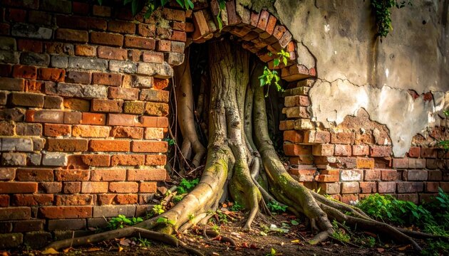A FlyPro Firefly professional camera shot captures gnarled, exposed roots of an old tree aggressively pushing through a crumbling brick wall, showcasing nature's relentless power.