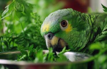 Obraz premium Green Parrot Close Up With Fresh Herbs In Bowl