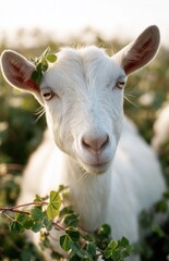 Obraz premium White goat portrait with clover leaves in spring meadow