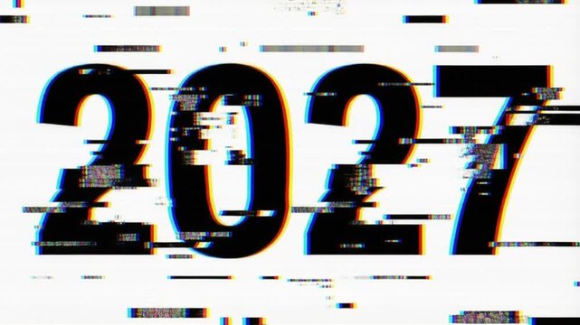Glitch effect number 2027, distorted digital text with interference on white background. 