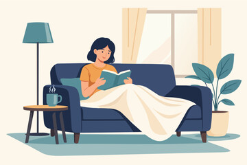 Fototapeta premium Woman enjoying leisure time reading a book on a cozy sofa at home