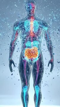 Abstract representation of a human body radiating protection and defense, symbolizing immunity, wellness, and healing energy, with glowing internal organs and external energy flows