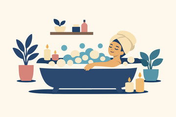 Obraz premium Woman enjoying a spa bath with candles and plants for relaxation and self-care