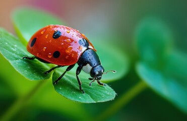 Fototapeta premium Ladybug With Dew Drops on Clover Leaf Macro