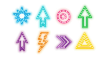 Vibrant Neon Glowing Symbols and Directional Arrows Vector Set