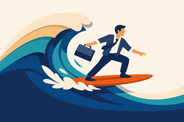 Businessman surfing on a large wave, adapting to market changes and business challenges
