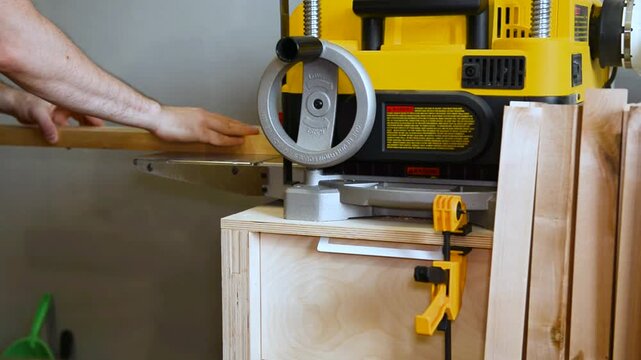 Closeup of carpenter man shaping wooden block on planer thicknesser jointer machine in workshop. Woodworking process, furniture preparation, precision tools. Grinding wood master
