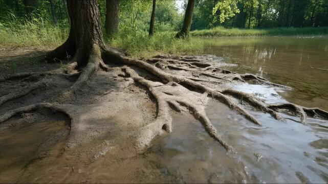 Deep, sprawling tree roots firmly hug the moist riverbank, their tenacious grip symbolizing nature's unwavering resilience and connection to the water, natural environment