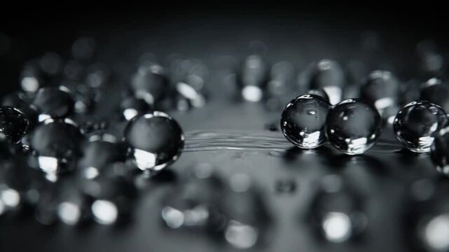 Close-up of clear water droplets on a reflective surface with a dark background, possibly used for design or scientific purposes