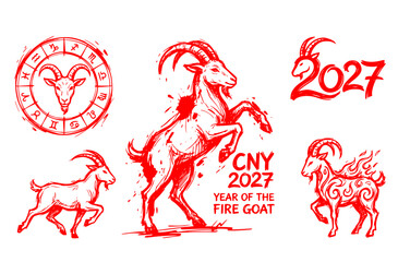 Bright Fire Goat Dynamic Pose Chinese New Year 2027 Symbol Set 8 Chaotic Ink Sketch Red Purple Green-Zodiac Calendar Forms Vector Set