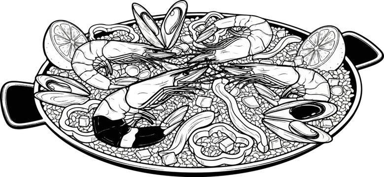 A black and white illustration of a seafood paella dish with shrimp and mussels