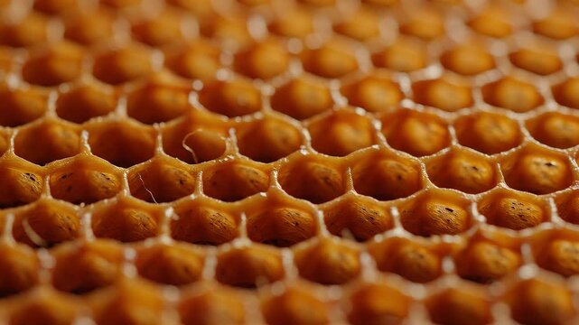Close-up of honeycomb cells being filled with honey by a beekeeper's tool in a apiary, with hexagonal patterns